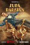 Lost in the Spotlight Movie Poster: Man in suit lies on stage with gold statues