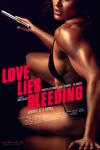 Love Lies Bleeding Movie Poster: A woman in a bikini sits, her torso twisting around, while holding a gun