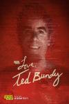 Love, Ted Bundy movie poster: black and white headshot of Ted Bundy on a red background