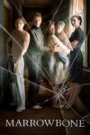 Marrowbone movie poster: A group of people, one holding a gun and another holding a young child, stand in a hallway with cracked glass effect overlaid