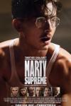 Marty Supreme movie poster: Timothee Chalamet as Marty Mauser, wearing glasses and a white tank top