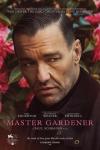 Master Gardener Movie Poster: Narvel Roth, hair slicked back, is shown in front of a plant covered in pinkish-red flowers