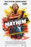 Mayhem movie poster: Characters Derek and Melanie feature among chaotic scenes of fighting and hazmat suits