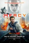 Mercy movie poster: Chris Pratt holds a high-powered rifle and a vest, a police drone vehicle in pursuit & the image of Rebecca Ferguson looming above