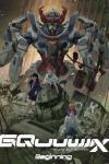 Mobile Suit Gundam GQuuuuuuX: Beginning Movie Poster: Amate, Nyaan, and Navu sit on a gundam while another stands behind them