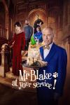 Mr. Blake at Your Service! movie poster: A man in a blue suit holding a cat wearing a party hat, with people standing on a grand staircase behind him