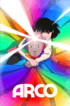 Arco movie poster: Arco flies with a rainbow suit on his body