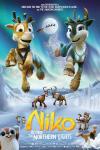 Reindeer Niko and Stella fly across the night sky with other animals on the snow below on the poster for Niko: Beyond the Northern Lights  