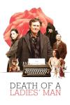 Death of a Ladies' Man poster: Gabriel Byrne in front of a typewriter with supporting characters, surreal figures, and a large red rose