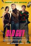 Old Guy movie poster: Christoph Waltz stands in the center between Lucy Liu and Cooper Hoffman, with guns and grenades floating in the air