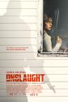 Onslaught Movie Poster: Seen through a window, Celeste holds a high-powered rifle, while a sinister shadow creeps up on her
