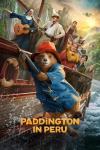 Paddington in Peru movie poster: Paddington, wearing a blue jacket and red hat, hangs off the side of a boat from an umbrella