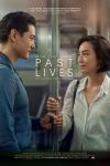 Past Lives movie poster: an attraction Asian man and woman are looking deeply into each other's eyes while standing inside a subway