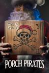 Porch Pirates movie poster: A fake Santa holds out in front of him a cardboard box package with a drawing of a skull and bones with a Santa hat