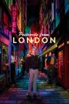 Postcards from London movie poster: Harris Dickinson stands on a colorful neon-lit street, other men standing in nearby doorways