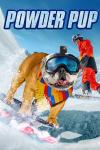 Powder Pup movie poster: Bulldog on a snowboard wearing ski goggles 