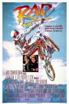 Rad movie poster: Bill Allen stands behind Lori Laughlin and hugs her below image of BMX rider jumping on his bike