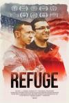 Refuge Movie Poster: In what looks like a painting, Chris Buckley (left) and Heval Kelli stand in front of an American flag\