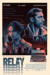 Relay movie poster: Lily James is on the phone, Riz Ahmed is looking the other direction, with a typewriter with a screen on it between them