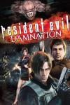 Resident Evil Damnation movie poster: Three characters with weapons, creature above, fiery background.