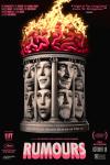 Rumors movie poster: Sculptures of the stars' faces in a circular monument with a brain on fire on top