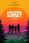 Sasquatch Sunset Movie Poster: A family of four Sasquatch holds hands and faces an orange and pink sunset