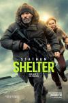 Shelter movie poster: Jason Statham runs while wearing a fur hooded coat and holding an AR-15, with a tween girl running behind him