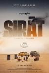 Sirāt movie poster: Trucks and figures against the desert sunset.