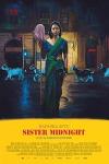 Sister Midnight movie poster: An Indian woman holding a mop stands in a dark street with goats passing behind her