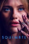 Soulm8te movie poster: A blonde, blue-eyed woman touches her face; the flesh of her fingers is torn, revealing robotics beneath