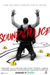 Sound of the Police movie poster: A white background with the back of a young African American man facing the camera while on his knees and both hands raised in the air, positioned near a black outline of a human being's body and four yellow bullet markers ,wearing a light and dark-colored hoodie, dark jeans, and dark-colored work boots and the film's title in red letters and credit and release date information in gray, black, and green lettering