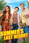 Summer's Last Resort movie poster: Milly, Summer, and Glenn in bright clothes stand together under blue sky and surrounded by palm leaves.