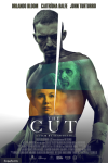 The Cut movie poster: A shirtless Orlando Bloom wearing boxing gloves, with images of Caitríona Balfe and John Turturro inside his torso