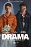 The Drama movie poster: Zendaya, wearing an orange puffy coat over a wedding dress, stands next to Robert Pattison in a tux, his face bruised