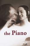 The Piano Movie Poster: Two people share an intimate moment; piano on a beach in the background.