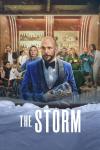 The Storm movie poster: Gustaf Skarsgard stands in a suit holding a jar of mushrooms in front of the cast at a bar