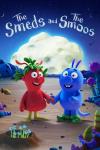 The Smeds and the Smoos movie poster: A young red alien and a young blue alien hold hands and smile