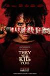 They Will Kill You Movie Poster: Asia Reaves (Zazie Beetz) holds a sword, which reflects various character faces, up to her nose