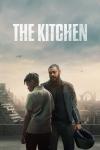 The Kitchen movie poster: A teenage Black boy and a Black man holding a motorcycle helmet stand next to each other with a moody city skyline behind them. 