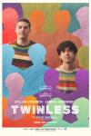 Twinless movie poster: Dylan O'Brien and James Sweeney, wearing similar striped sweaters, looking ahead surrounded by silhouettes of twins