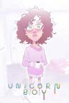 Unicorn Boy movie poster: A cartoon version of Matty Kiel holds a coffee cup