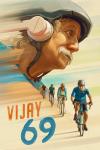 Vijay 69 movie poster: Profile of older Indian man in helmet and pink headphones riding a bicycle in a race below