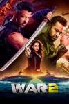 War 2 movie poster: Two male leads with weapons, a female character with a gun, and jet skis on water
