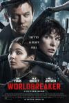 Worldbreaker movie poster: The cautiously alarmed faces of Luke Evans, Milla Jovovich, and Billie Boullet are separated by a monster crab claw