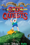 Adventure Time: Side Quests TV show poster: Finn stands on a mountain, pointing triumphantly at the sky; Jake lounges below him
