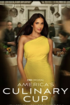 America's Culinary Cup TV show poster: Padma Lakshmi stands in off shoulder yellow dress surrounded by blurred images of chefs