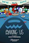 Among Us TV show poster: Characters from Among Us sitting at a table with snacks, a menacing shadow below.