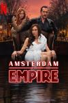 Amsterdam Empire TV show poster: A man and woman lean against a high-back chair where a middle-aged woman in a white gown sits looking over a canal