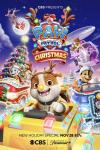 A PAW Patrol Christmas TV show poster: Rubble, Marshall, Chase and Skye drive lit-up trucks in Christmas gear while Santa flies above them.