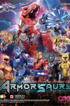 Armorsaurs TV Show Poster Image: Mechanical dinosaurs roar while people in colorful armored suits pose heroically